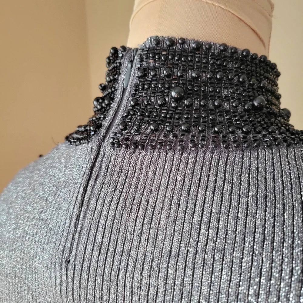Beaded Mock Neck Grace Elements S Gray Metallic Sleeveless Silk‎ Blend Sweater